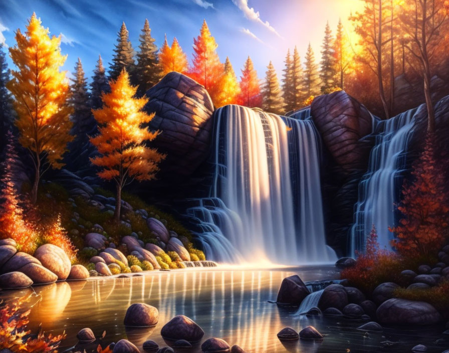 Tranquil autumn waterfall among golden trees and river