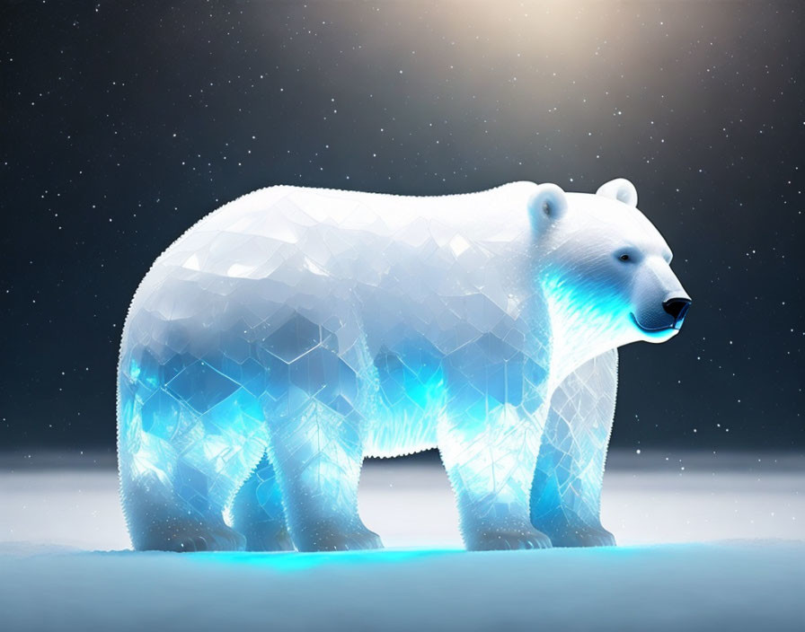 Translucent geometric polar bear on ice under starry night sky