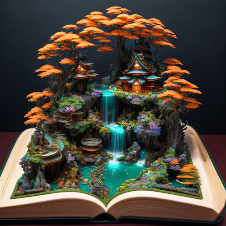 Detailed 3D diorama of fantasy landscape with waterfalls, autumnal trees, traditional buildings,