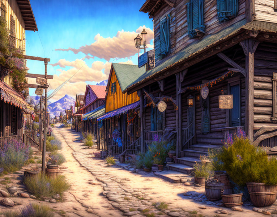 Old Western Town with Wooden Buildings and Cobblestone Street