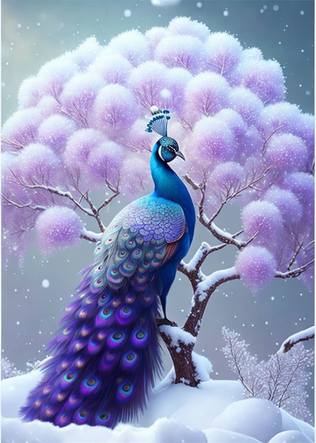 Colorful peacock with iridescent tail feathers in snowy landscape.