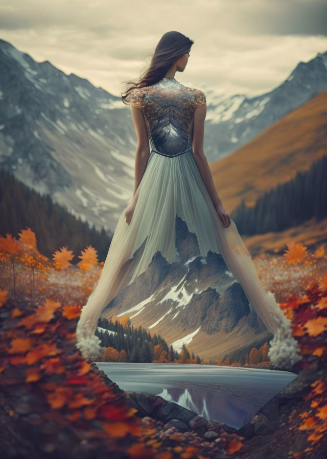 Woman in elaborate dress blending with autumn mountain landscape.