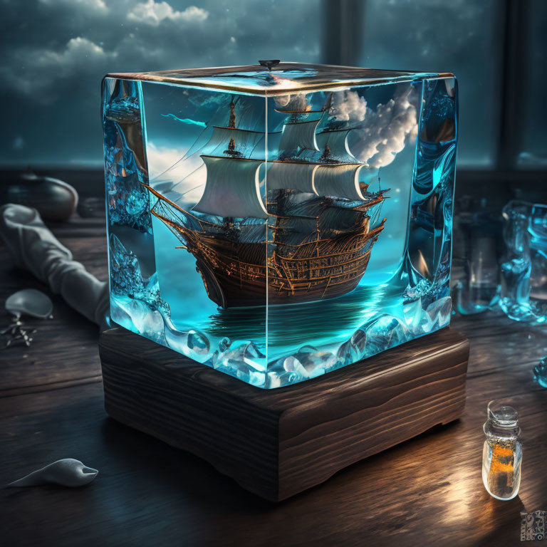 Intricate 3D sailing ship illusion in cube on wooden base with blue ocean ambiance