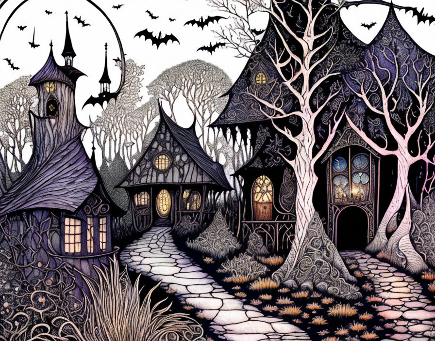 Fantasy dark village with crooked houses, glowing windows, and flying bats