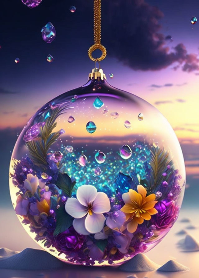 Translucent hanging ornament with vibrant flowers and sparkling droplets