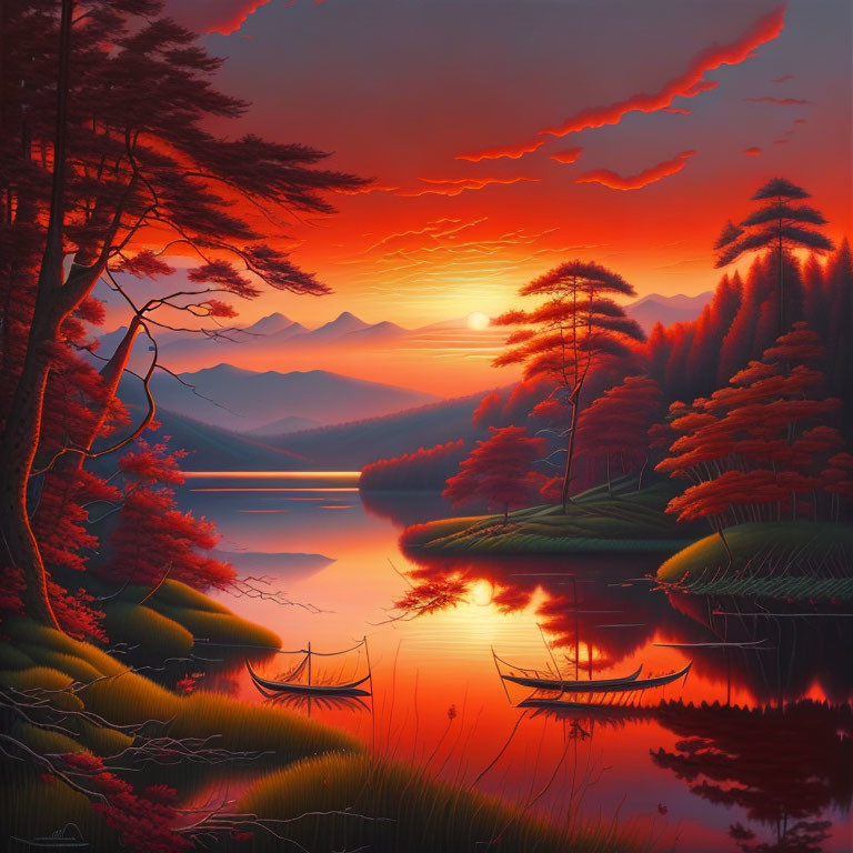 Scenic landscape: orange-red sunset over calm lake, lush trees, mountains, boats on shore