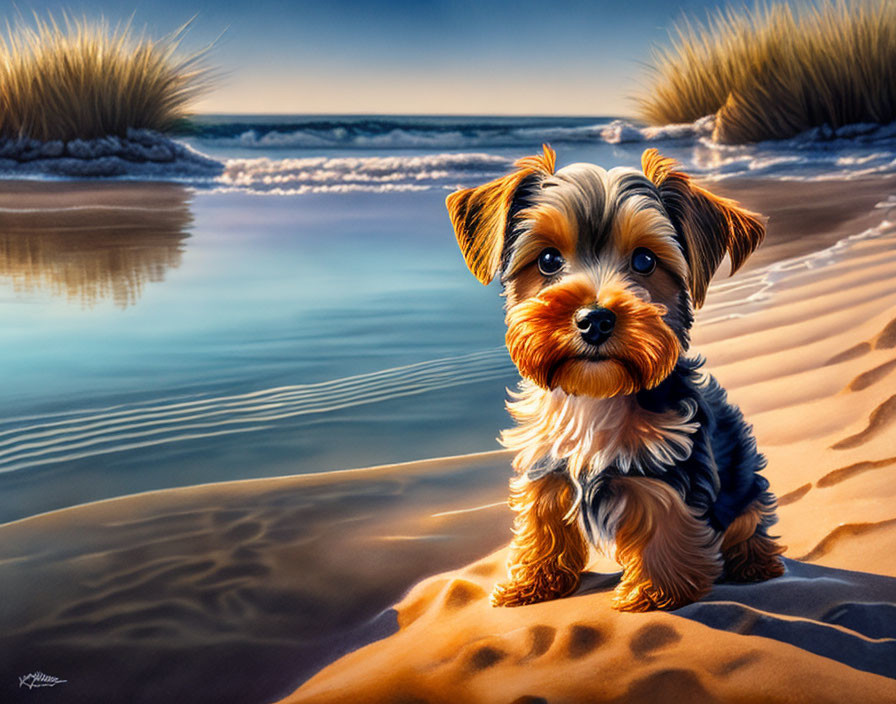 Small dog on sandy beach with dunes and calm sea at golden hour