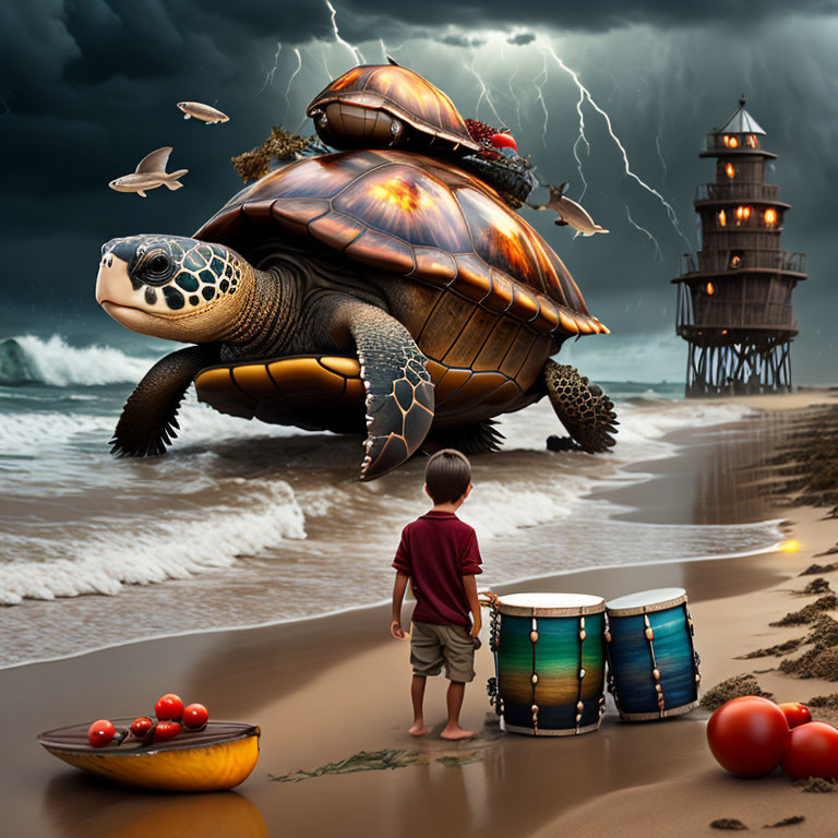 Child watching giant turtle with lighthouse, drums, boat, and fruits on beach