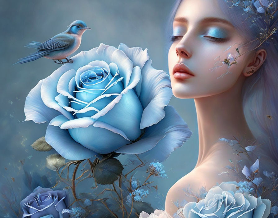 Illustration of woman with blue roses, floral details, and bluebird in serene color scheme