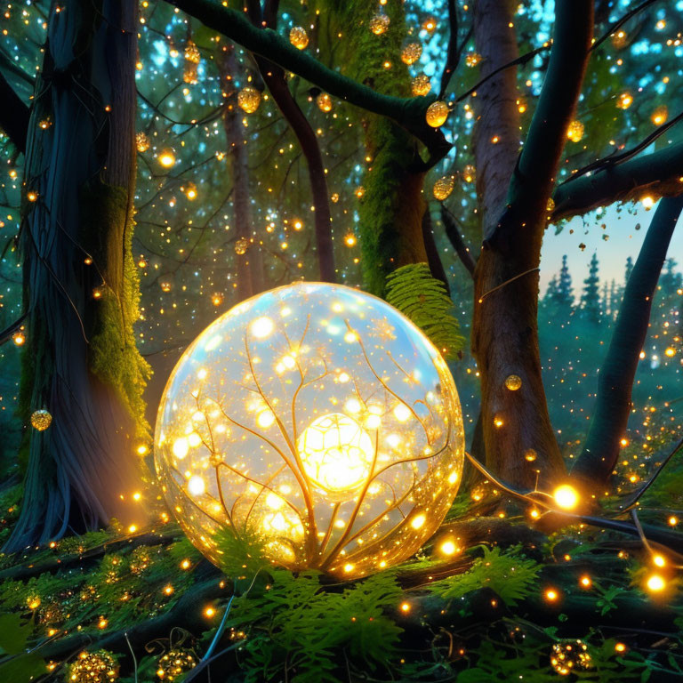 Enchanted forest scene with glowing orb and twinkling lights