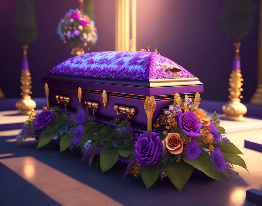 Purple Casket with Gold Trimmings and Floral Arrangement