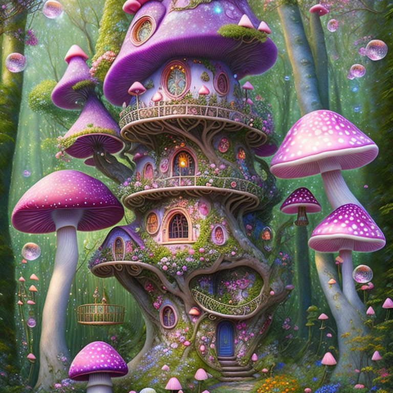 Fantasy Treehouse with Mushroom Structures in Vibrant Forest