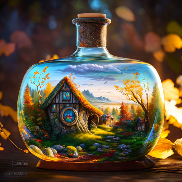 Detailed painting of cozy cottage in autumn landscape encapsulated in round glass bottle on wooden surface.