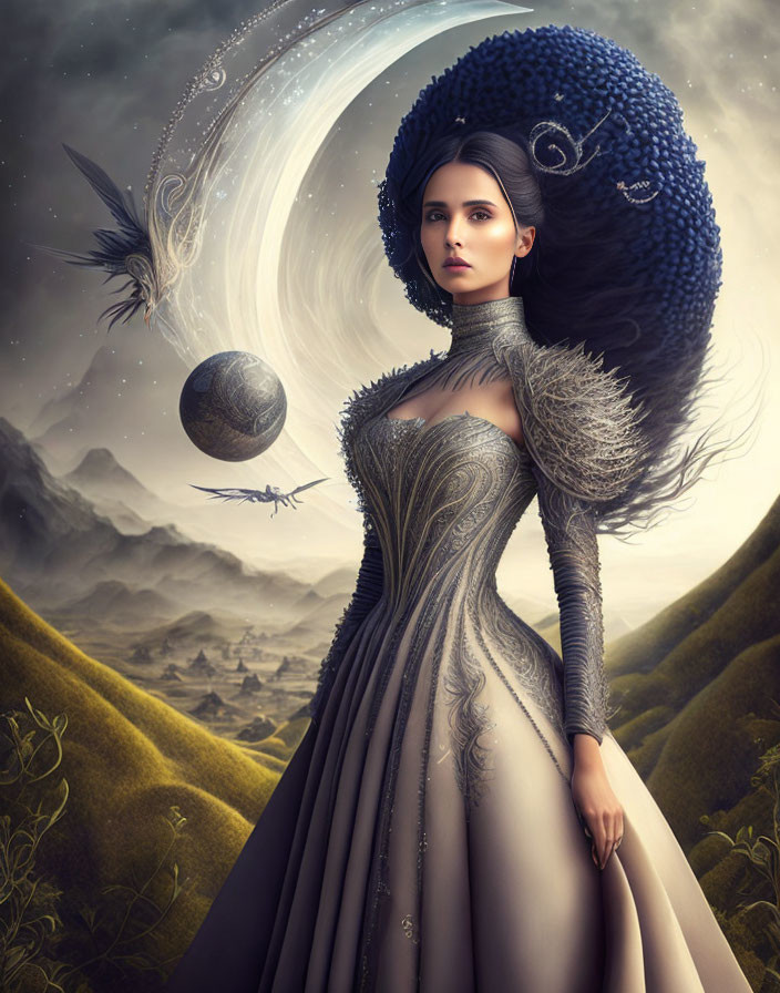 Elegant woman in grey gown in surreal planetary landscape.