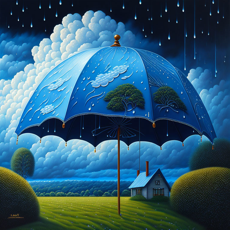 Surreal painting: Large umbrella over house and trees in starry night rain