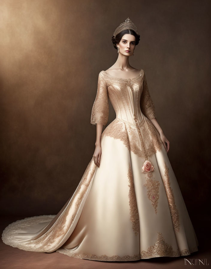 Vintage-style gown with lace details and tiara on regal woman