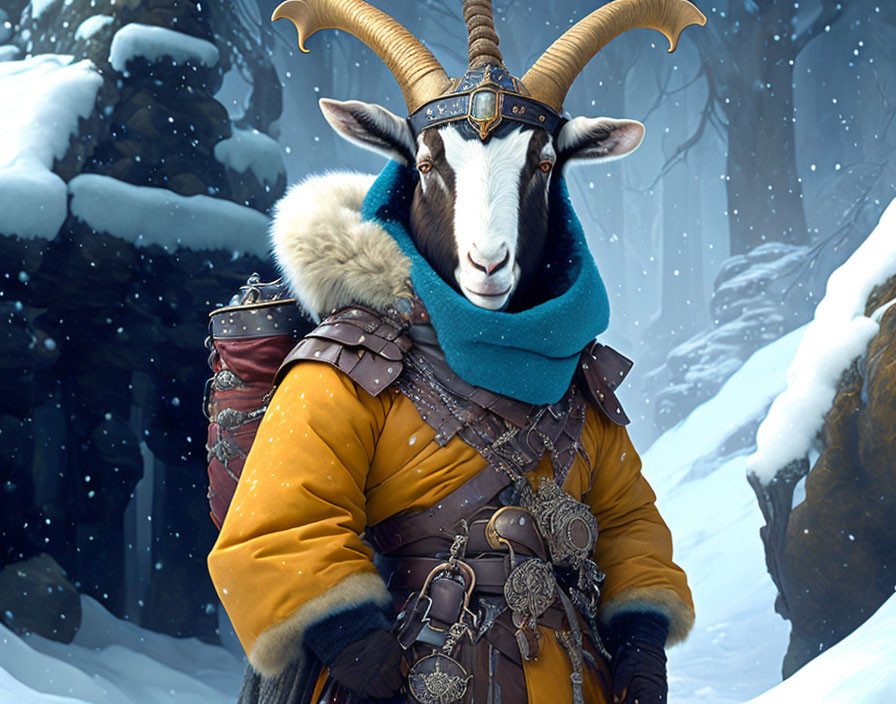 Anthropomorphic goat in blue scarf and yellow coat with helmet in snowy scene