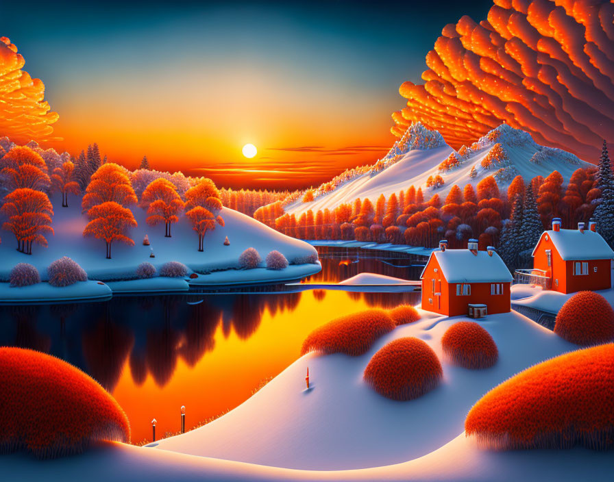 Surreal winter landscape with snow, orange trees, reflective lake, red houses