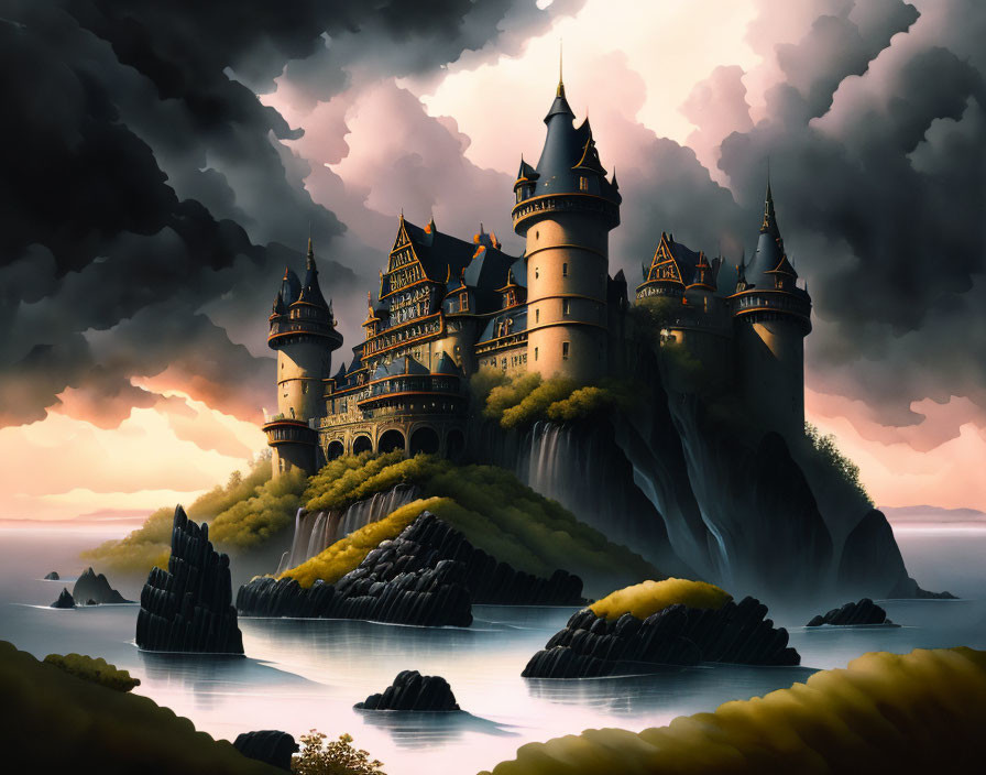 Medieval castle on cliff by serene lake under dramatic sky