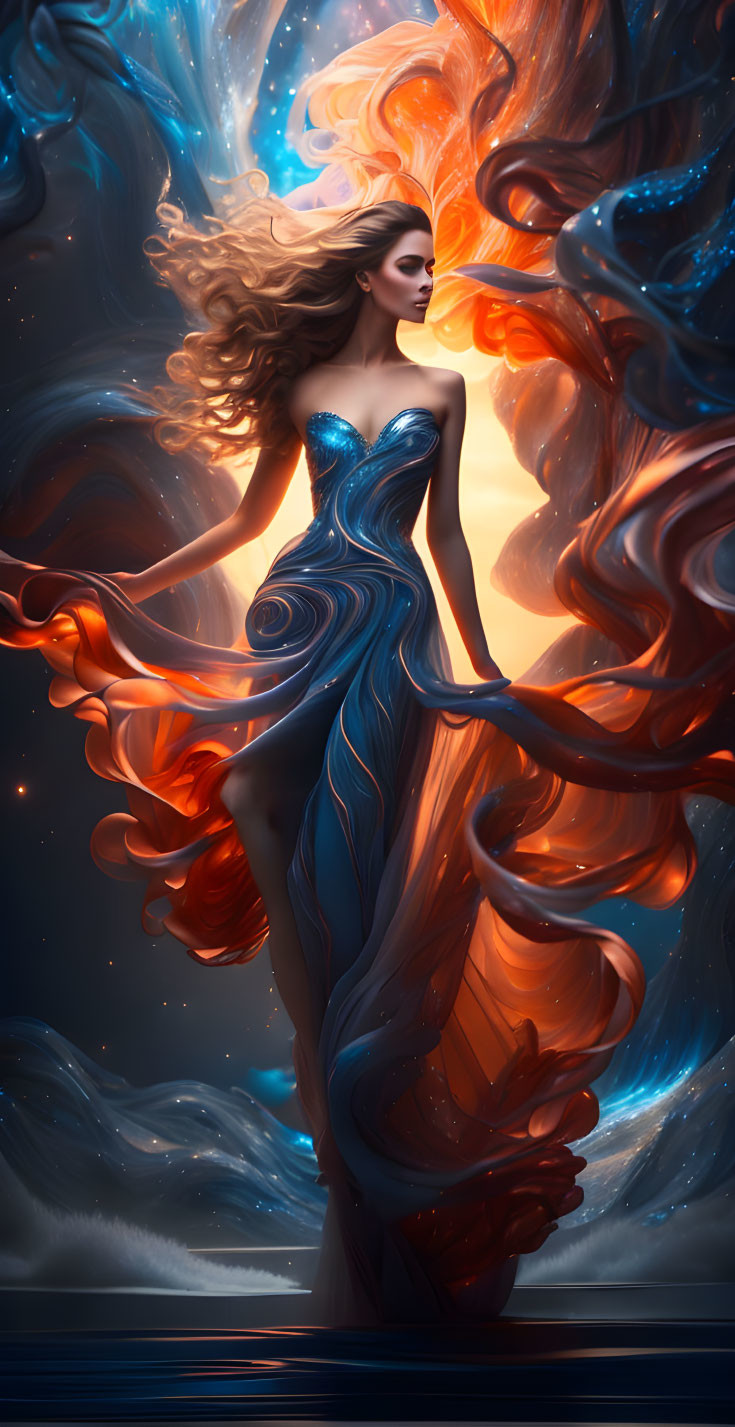 Woman in flowing blue dress surrounded by vibrant swirling colors.