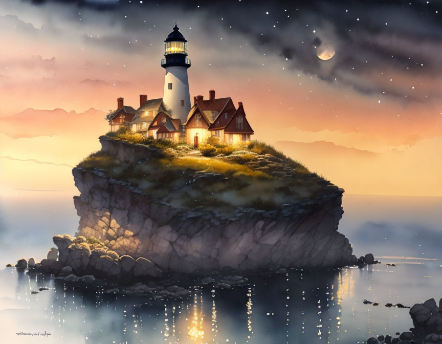 Scenic lighthouse on cliff at dusk with warm glow and crescent moon