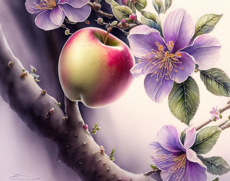 Still life painting: red apple on branch with purple flowers and buds on pale background