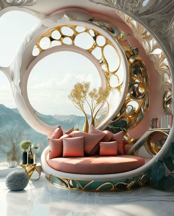 Luxurious Modern Interior with Circular Sofa & Mountain View