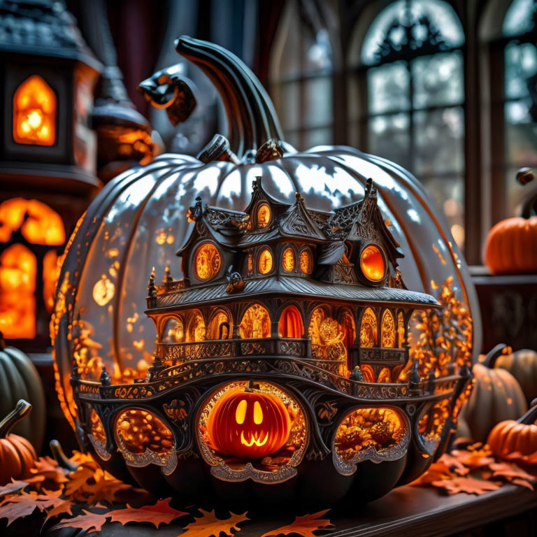 Decorative pumpkin carved as haunted house with illuminated windows surrounded by leaves and smaller pumpkins.