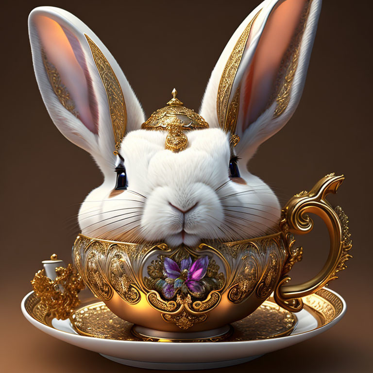 White Rabbit in Golden Teacup and Saucer Artwork