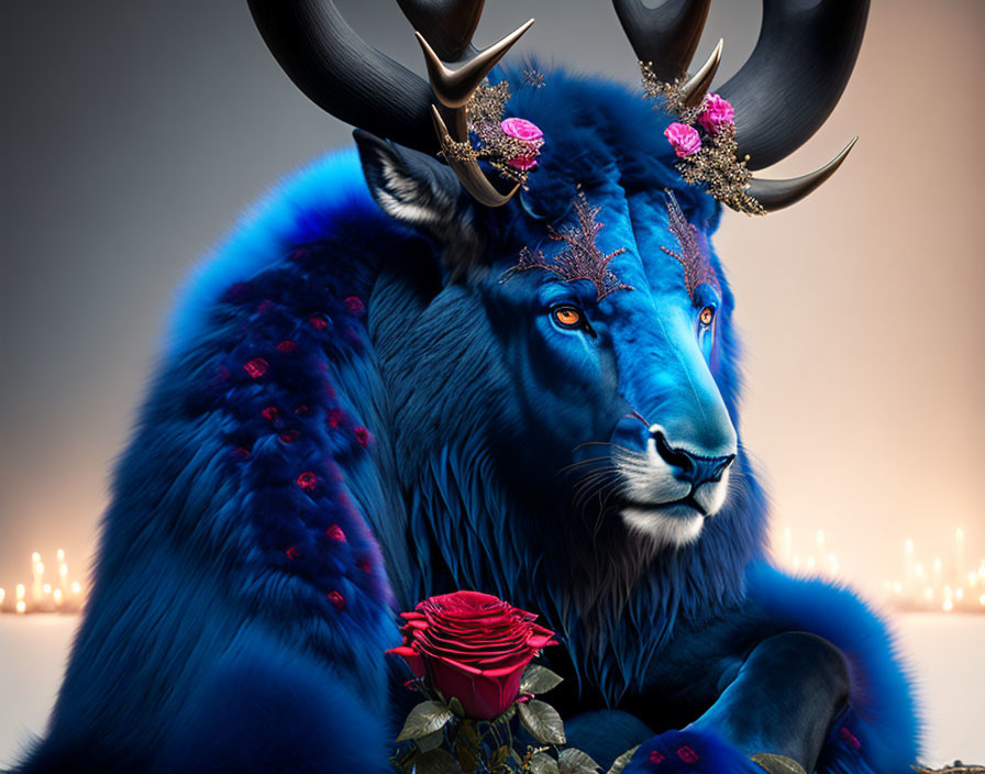 Majestic blue creature with flower-adorned antlers holding a red rose in dusk sky.