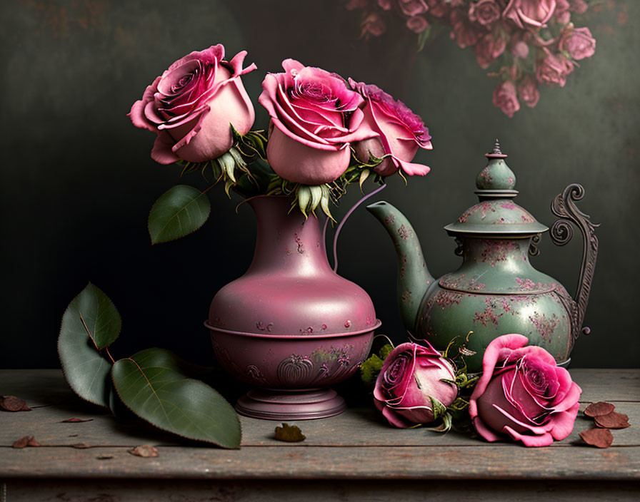 Vintage Still Life with Pink Roses, Decorative Vase, Antique Teapot, Cup on Wooden Surface