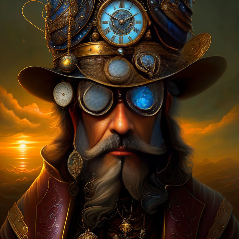 Steampunk-style man illustration against sunset sky