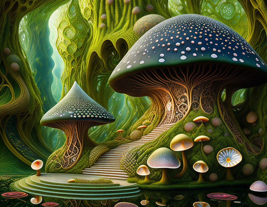 Colorful digital artwork: Oversized mushrooms in whimsical forest