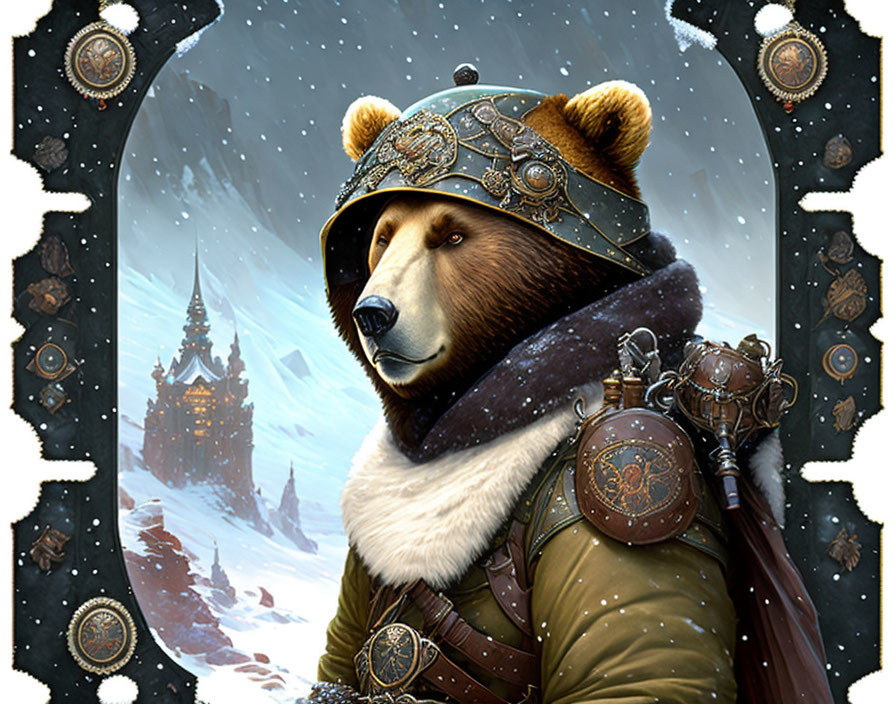 Medieval armor bear with snowy castle.