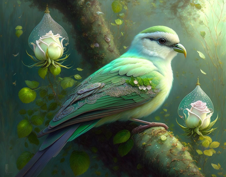 Vibrant green bird in mystical forest with glowing flowers