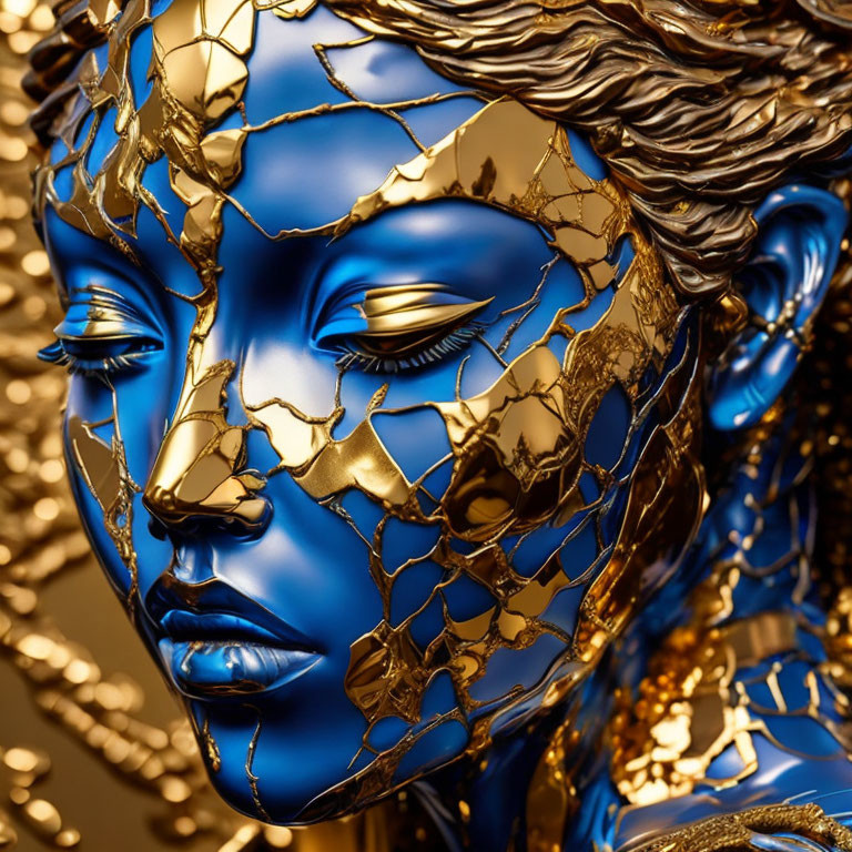 Surreal Golden Blue Face Sculpture