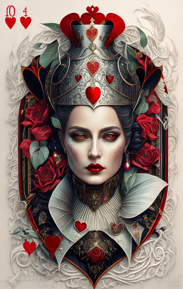 Detailed Queen of Hearts playing card illustration with regal woman, crown, collar, red roses, and