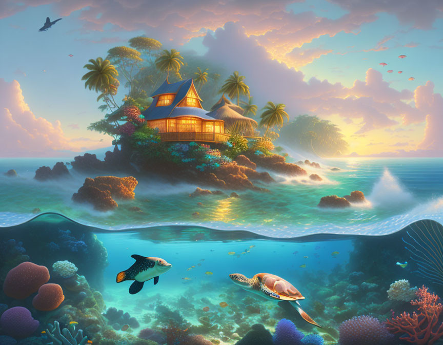 Tropical House on Small Island at Sunset with Underwater Scene