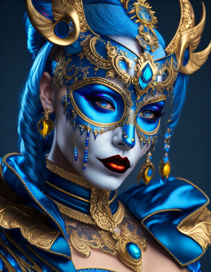 Woman in Luxurious Blue and Gold Mask with Ornate Designs