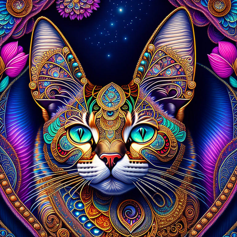 Intricate Stylized Cat Artwork with Mandala-Inspired Designs