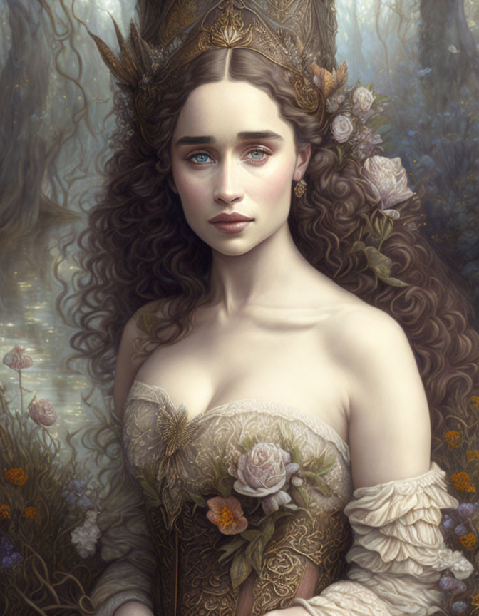 Fantasy portrait of woman with ornate crown and bouquet in ethereal forest.