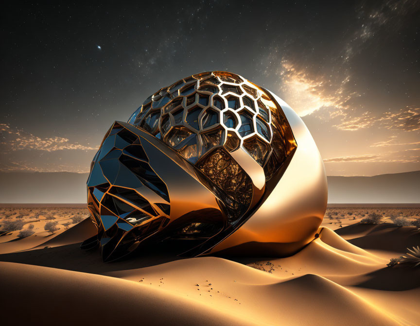 Futuristic metallic structure buried in desert sands at twilight