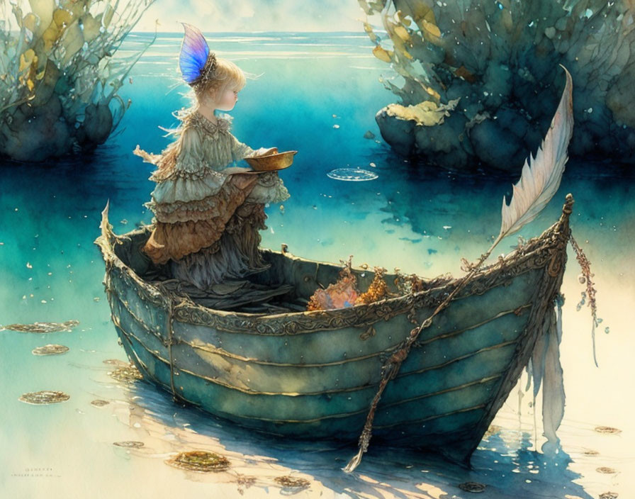 Child in vintage boat with feather oars in serene water scene.