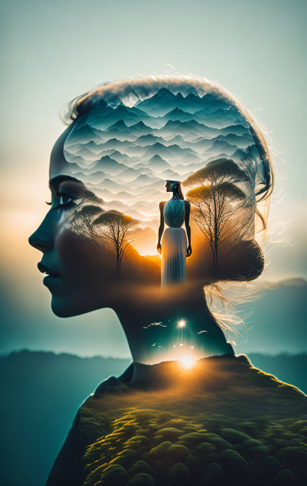 Woman's silhouette merges with mountain landscape in surreal portrait