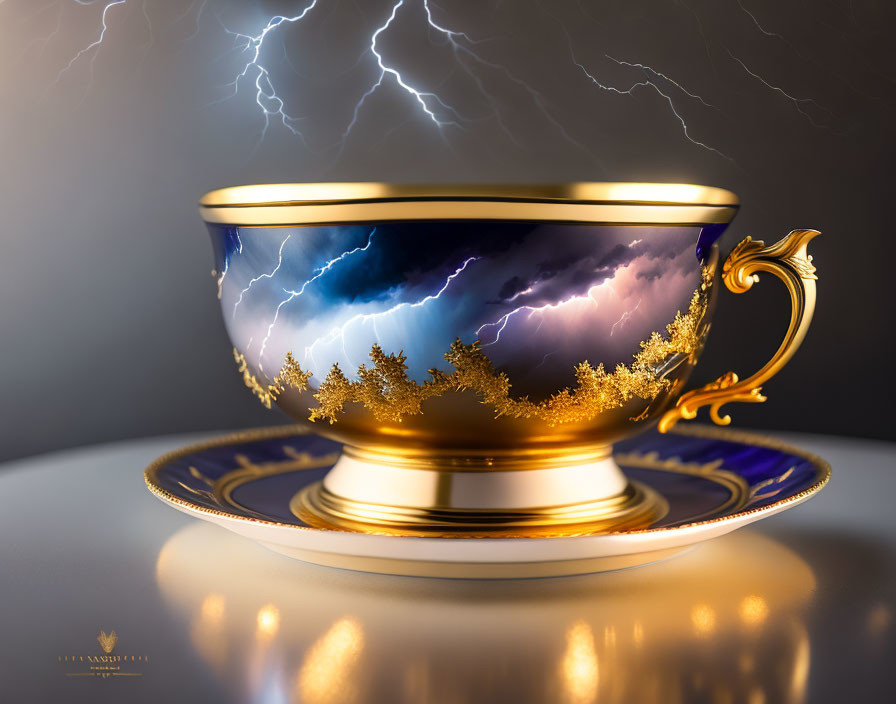 Luxurious Golden Cup and Saucer with Stormy Sky and Lightning Motif