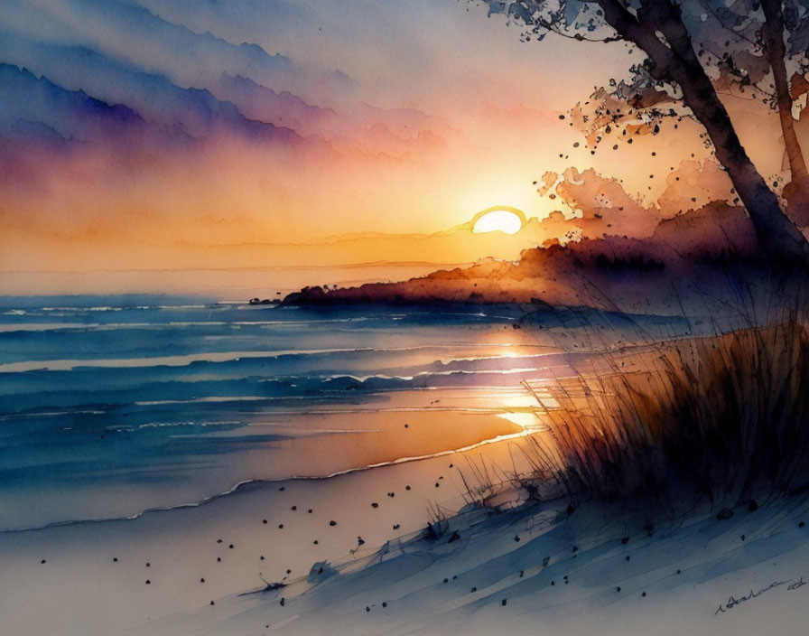 Serene beach sunset watercolor with orange and purple hues.