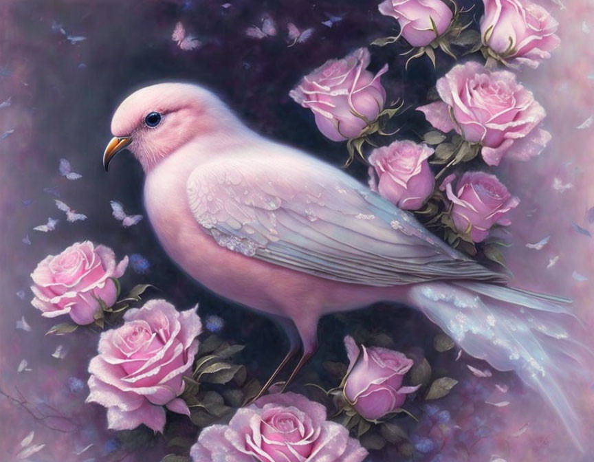 Soft Pink Bird Surrounded by Roses and Petals in Dreamy Artwork