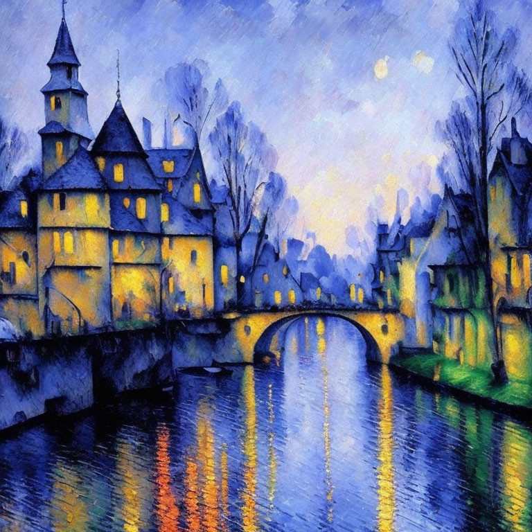 Twilight scene painting: illuminated buildings, river reflection, bridge in background