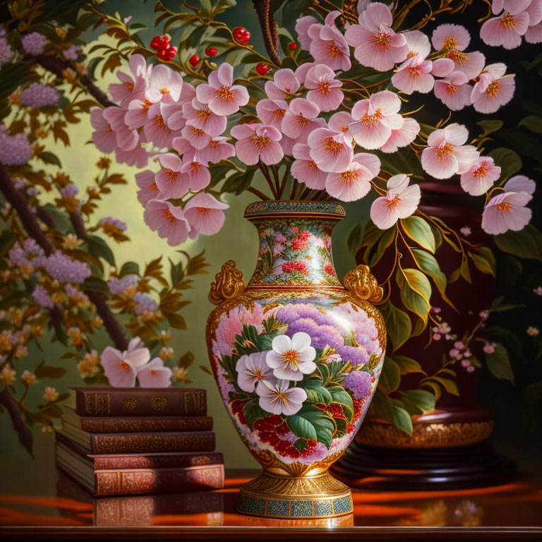 Floral-patterned vase with books and blooming tree in classical setting