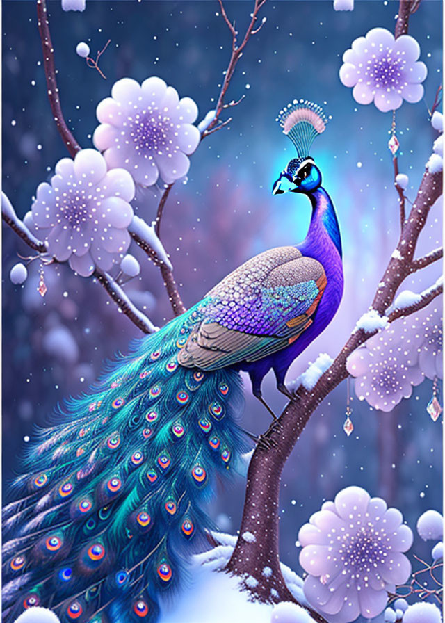 Colorful peacock on snowy branch with pink flowers